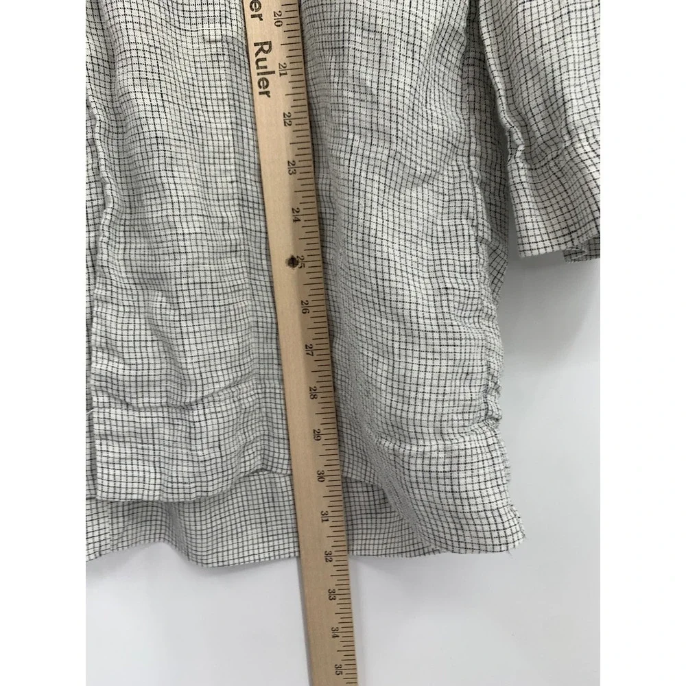Eileen Fisher Jacket Womens Small Petite White Black Check Organic Linen Button